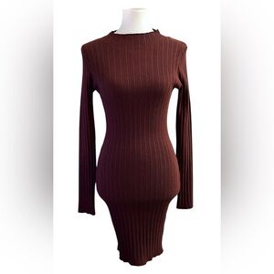 Naked Wardrobe Ribbed Long Sleeve Dress  Brown Fall Minimalist Chic